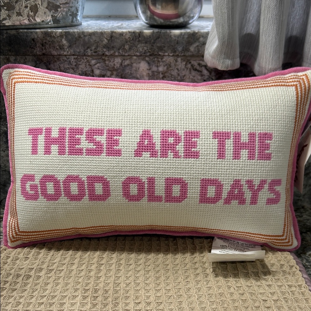 NWT Needlepoint Style Throw Pillow “These Are The Good Old Days” Pink